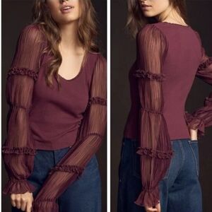 Anthropologie Victorian Ruffled Long Sleeve Womens Burgundy Sheer Romantic Top